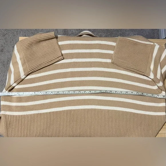 GAP 24/7 Split Hem Turtleneck Sweater 2X Camel Stripe Tan Cream Oversized Chunky - Picture 7 of 8